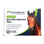 The Horsey Biome Test Kit packaging with a horse head on the right. As noted on the packaging, the test kit detects possible harmful bacteria, has easy-to-read online test results and is veterinarian recommended.