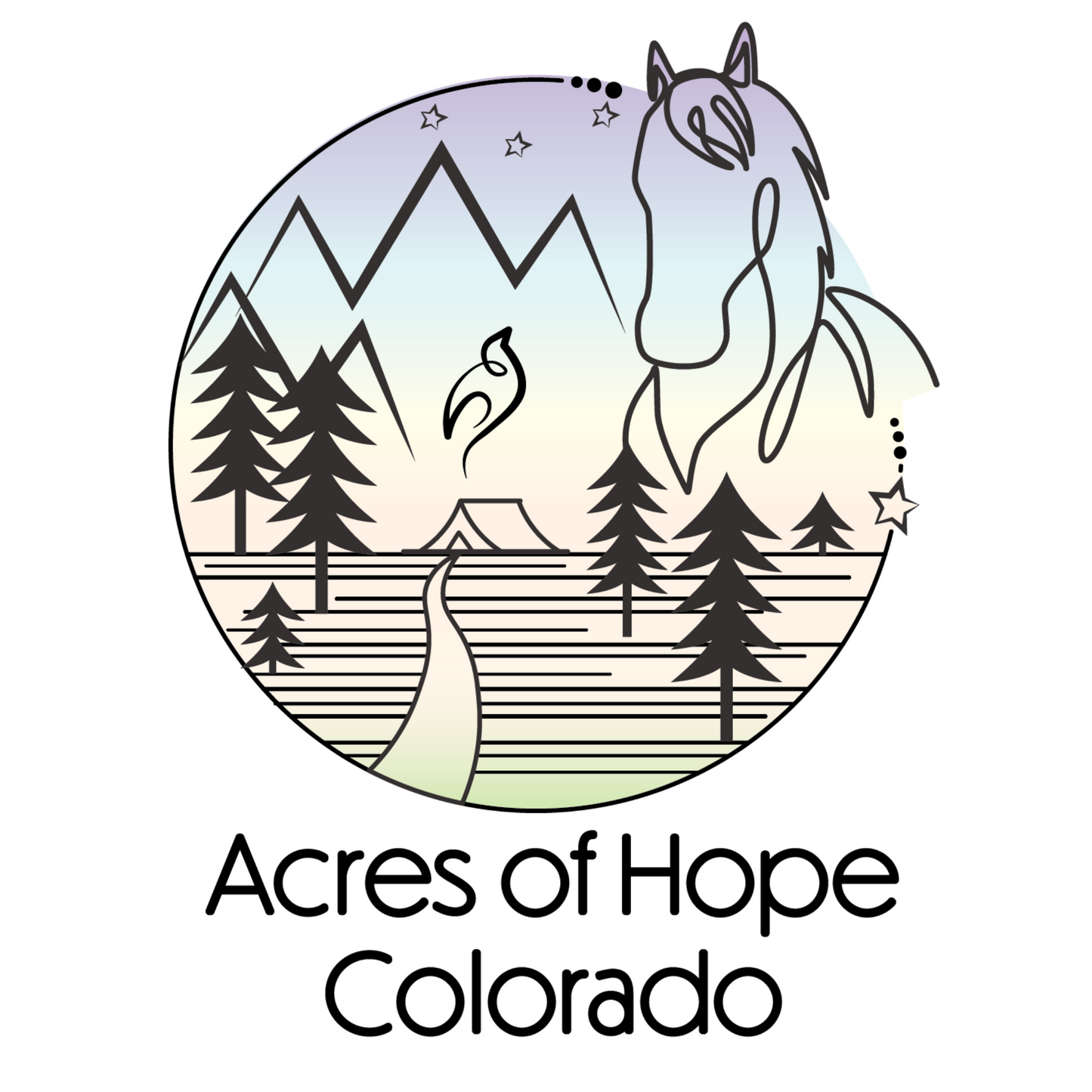 A hand drawn logo in the shape of a circle with a horse head drawn over a ranch cabin and trees. Finished with light green, pink and purple pastels