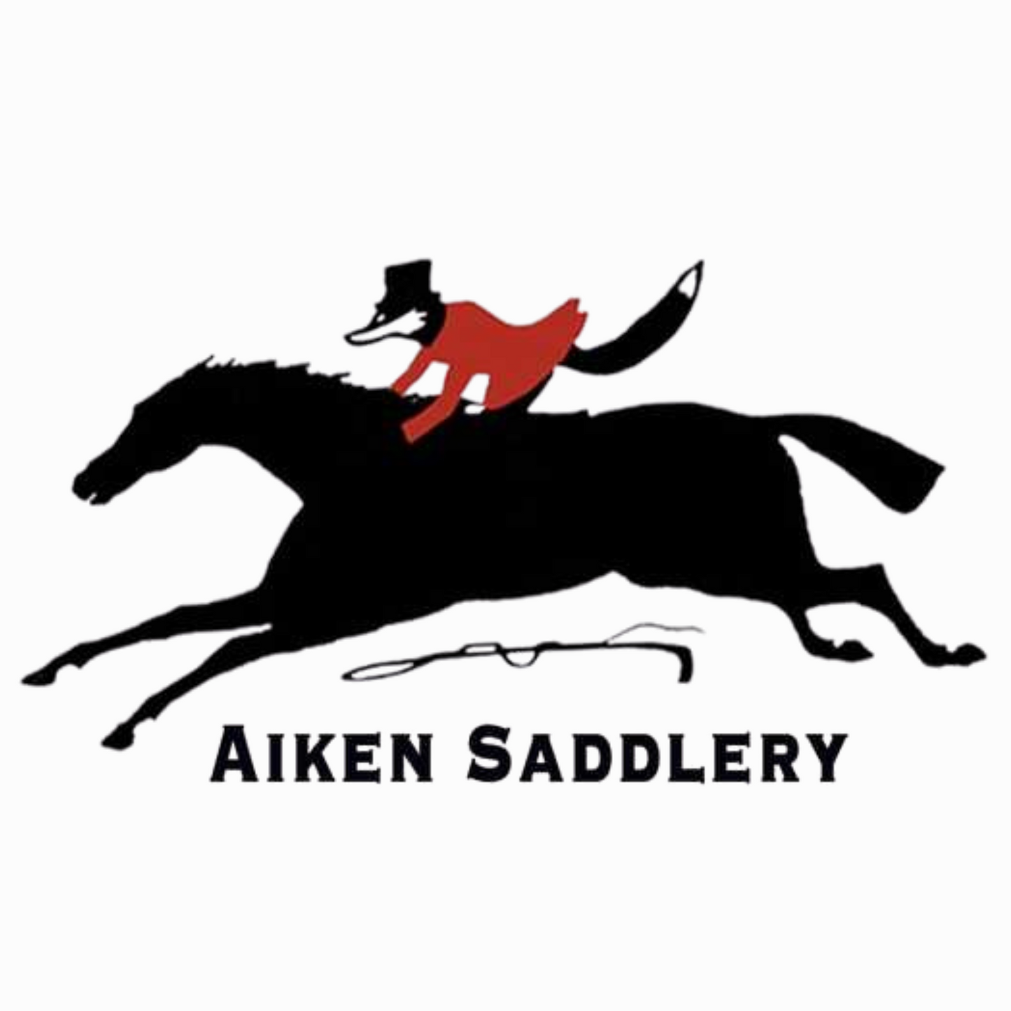 A skunk in a red riding jacket riding a black horse at full stride.