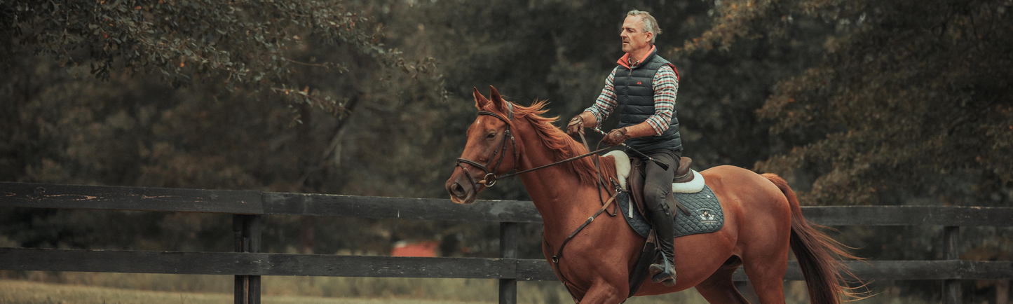 Andrea Cerofolini riding his chestnut horse in an arena