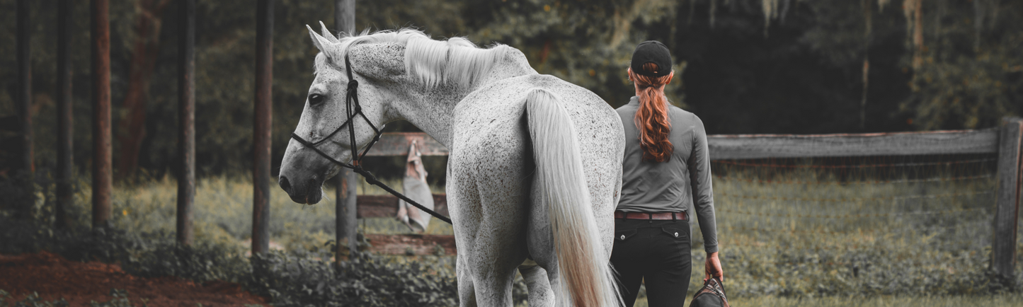Ashlynn Meuchel walking her horse out to pasture