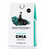 Boosted Spirulina Chia packaging with bright blue green detailing and the drawing of a dressage rider aboard an abstract horse made of spirulina algae