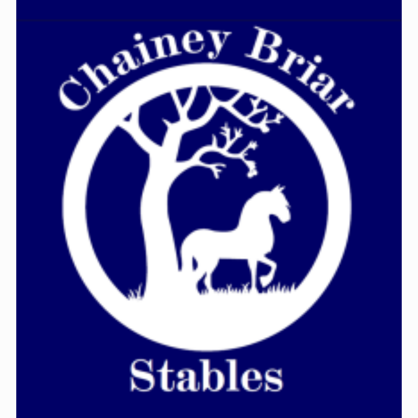 A circular logo with a horse and tree silhouette in white with a dark blue backdrop.