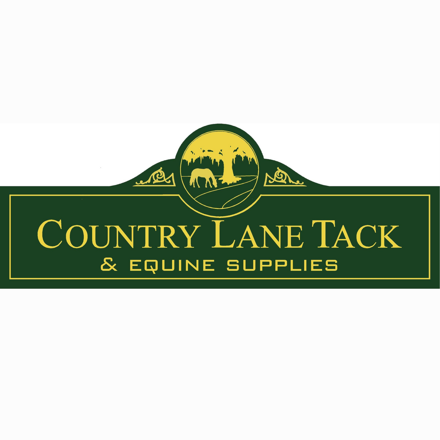 The company name encased in what looks like a horse stall plaque in a hunter green and gold.