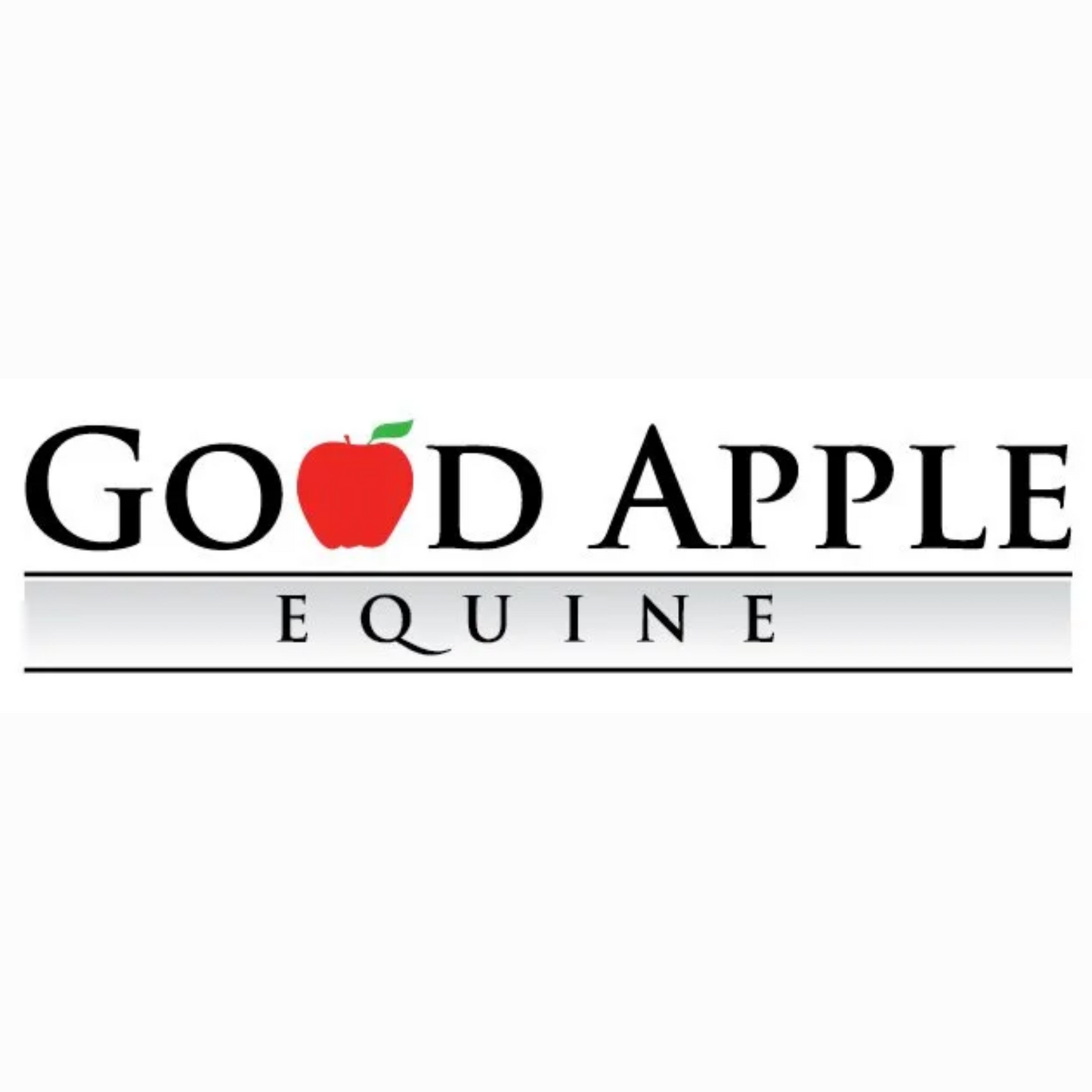 The text Good Apple Equine with the second o in Good replaced with a hand drawn red apple.