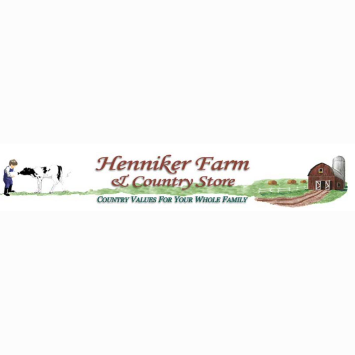 A hand drawn farm and boy feeding a cow milk.