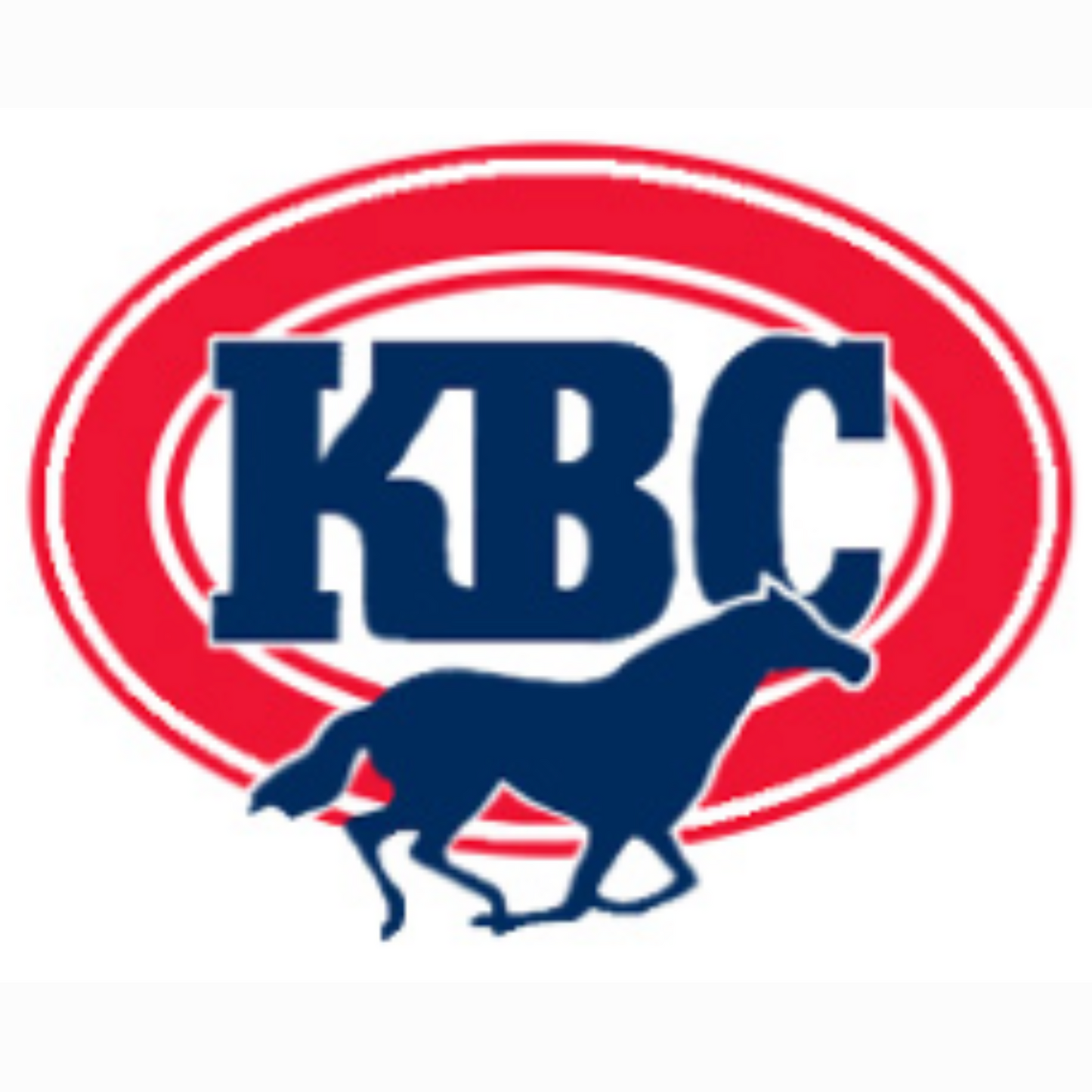 A red oval around KBC with a navy horse galloping at the bottom.