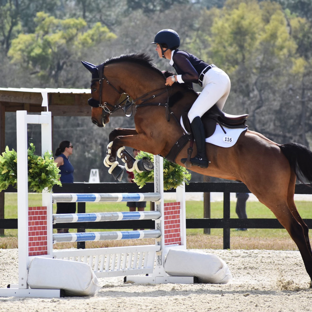 Sponsored rider and 5 star eventer, Meghan O'Donoghue, riding over a jump.