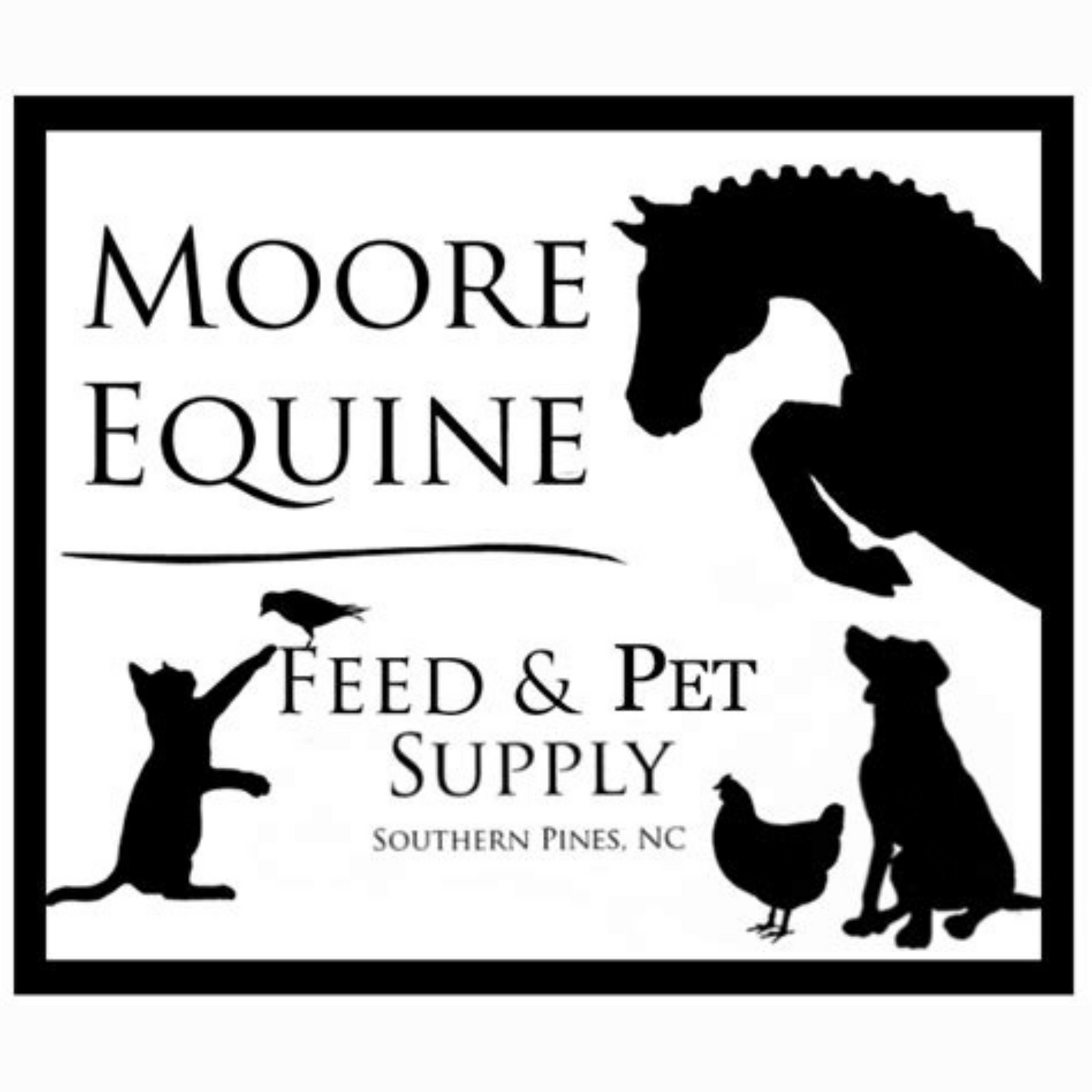 A black square with the company name surrounded boy a cat, dog, bird, chicken and horse silhouettes drawn in black white a white backdrop.