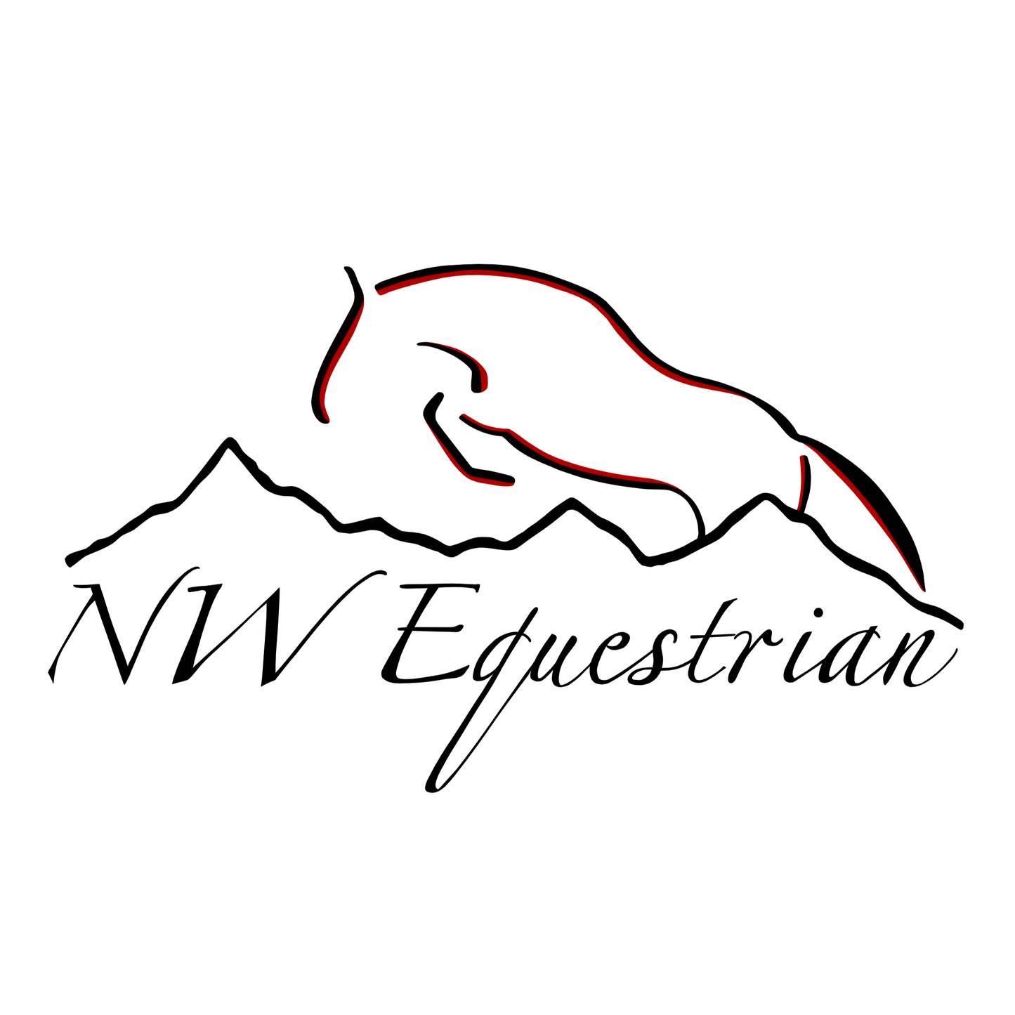 A red and black outline of a horse jumping over a black mountain range.