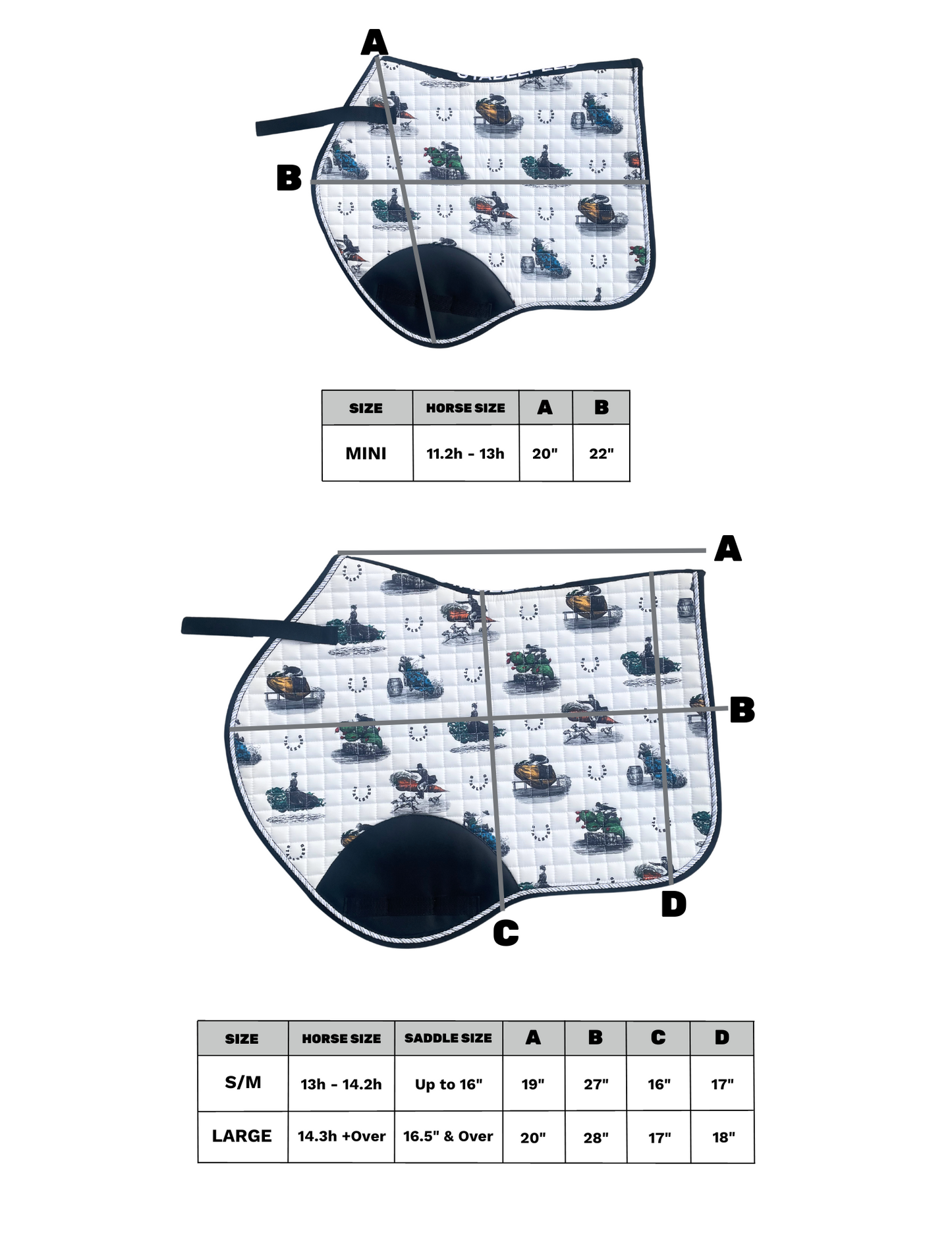 The S/M size is best for horses 13 hands to 14.2 hands or for a saddle up to 16 inches. The L is best for horses over 14.3 hands or saddle over 16.5 inches