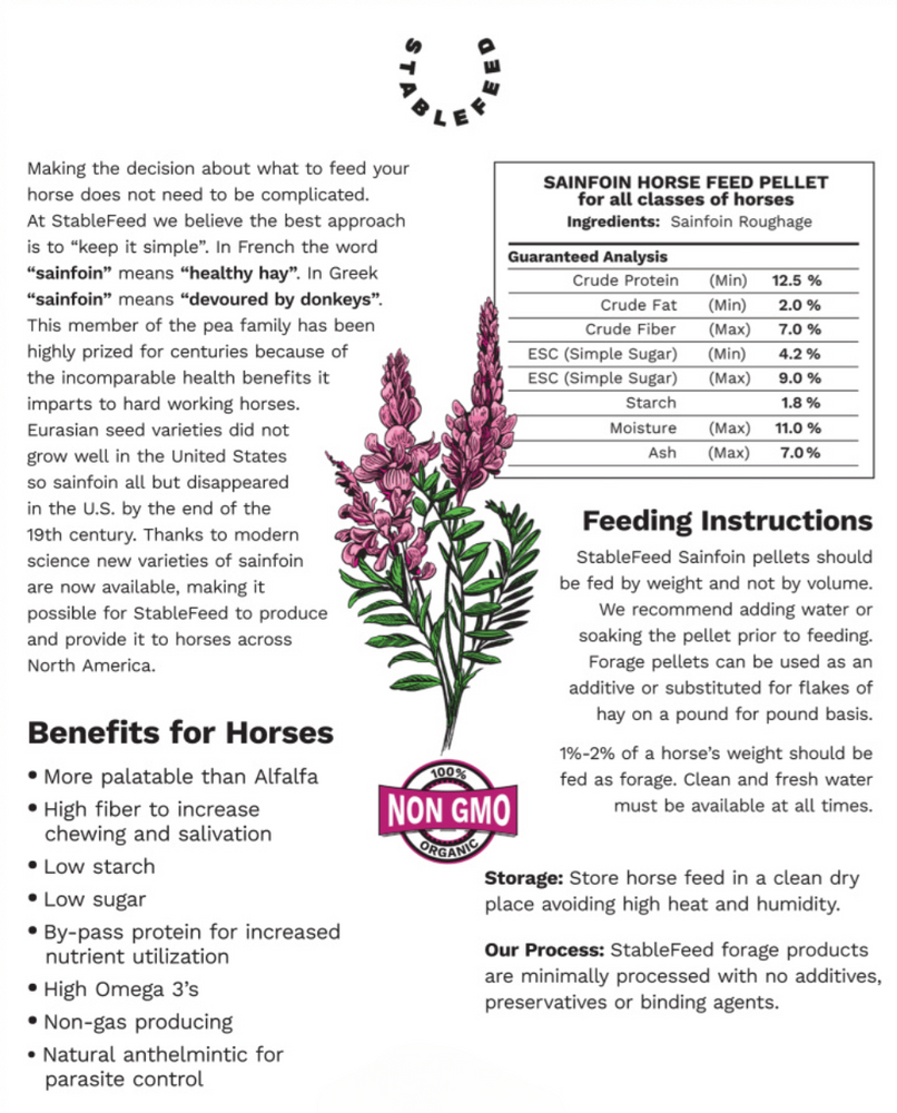 
            
                Load image into Gallery viewer, The Sainfoin forage pellet contains 100% sainfoin roughage. The pellets should be fed by weight and not by volume. Store horse feed in a dry place avoiding high heat and humidity. StableFeed forage products are minimally processed with no additives, preservatives or binding agents.
            
        