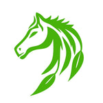 A horse head drawn in bright green with the ends of the horse's mane drawn as leaves.